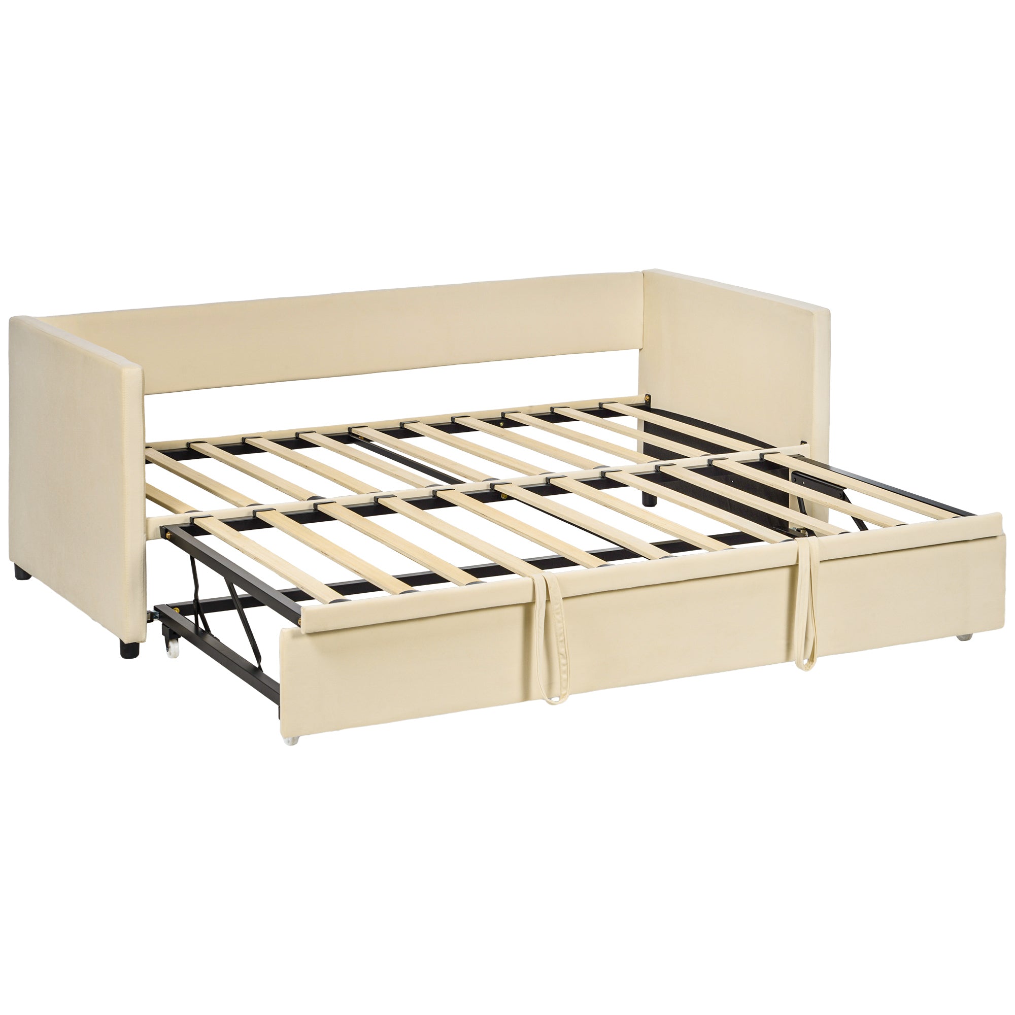 2-in-1 Daybed with Metal Base, Soft Upholstery, and Removable Lower Bed with Wheels for 90x190 cm Mattresses Beige