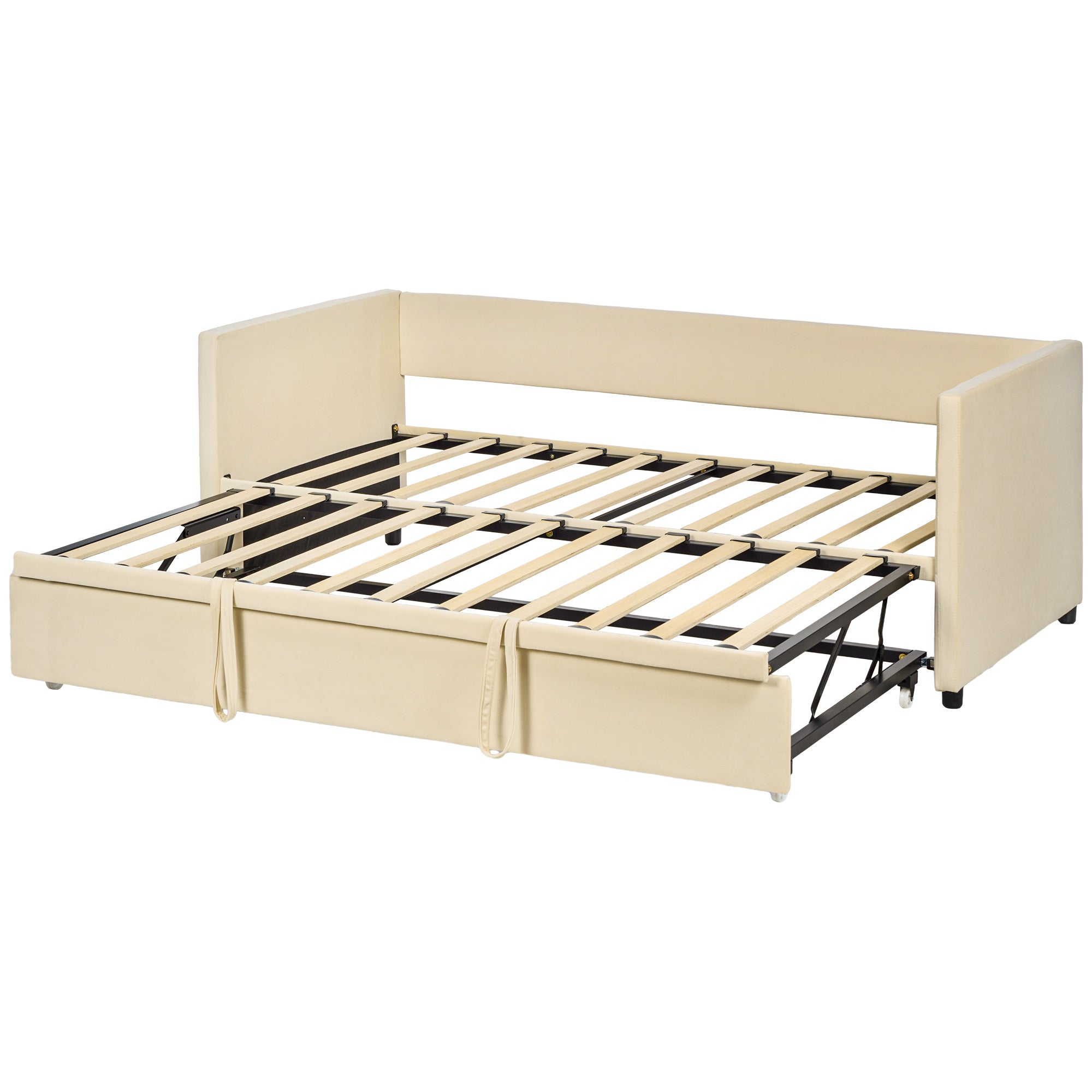 2-in-1 Daybed with Metal Base, Soft Upholstery, and Removable Lower Bed with Wheels for 90x190 cm Mattresses Beige