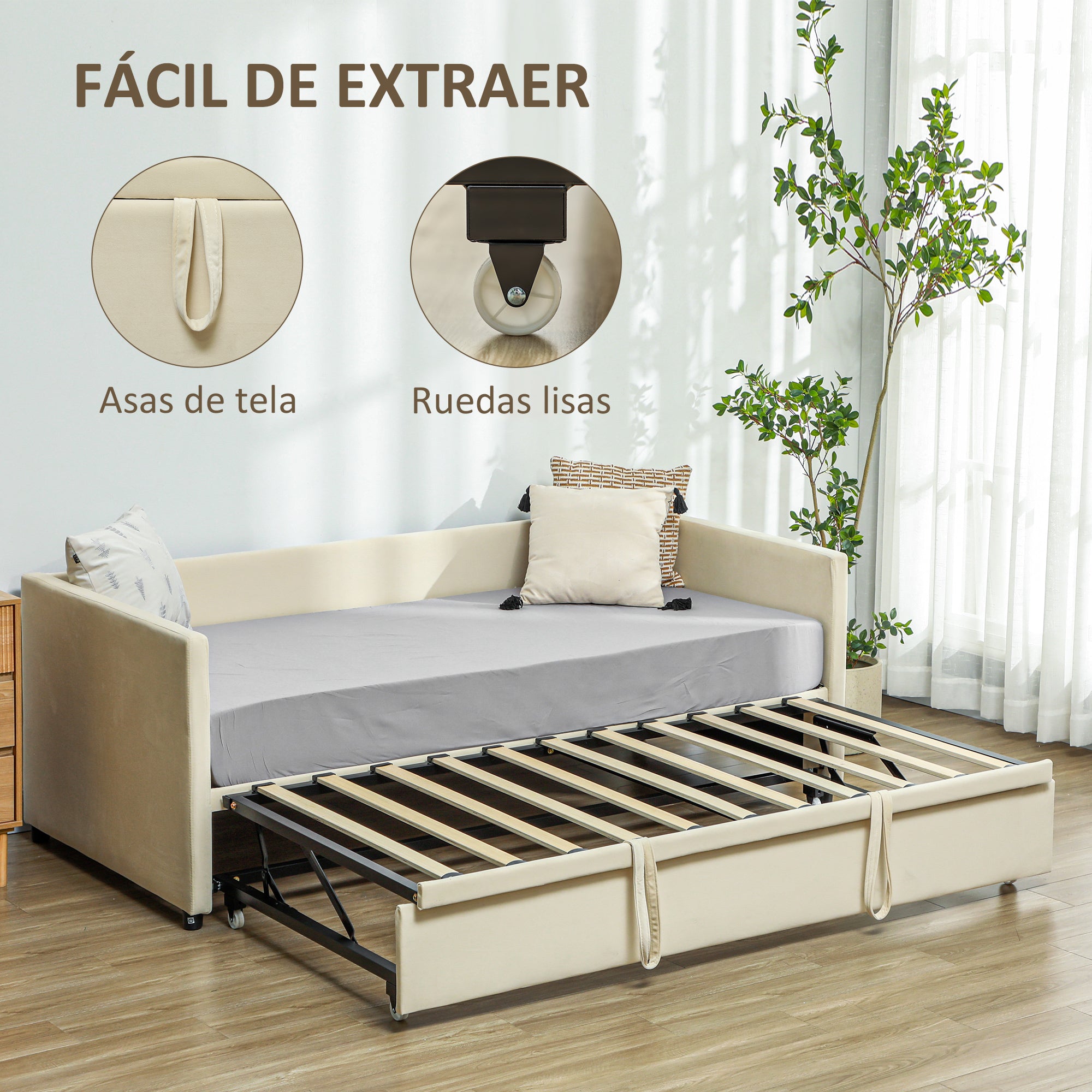 2-in-1 Daybed with Metal Base, Soft Upholstery, and Removable Lower Bed with Wheels for 90x190 cm Mattresses Beige