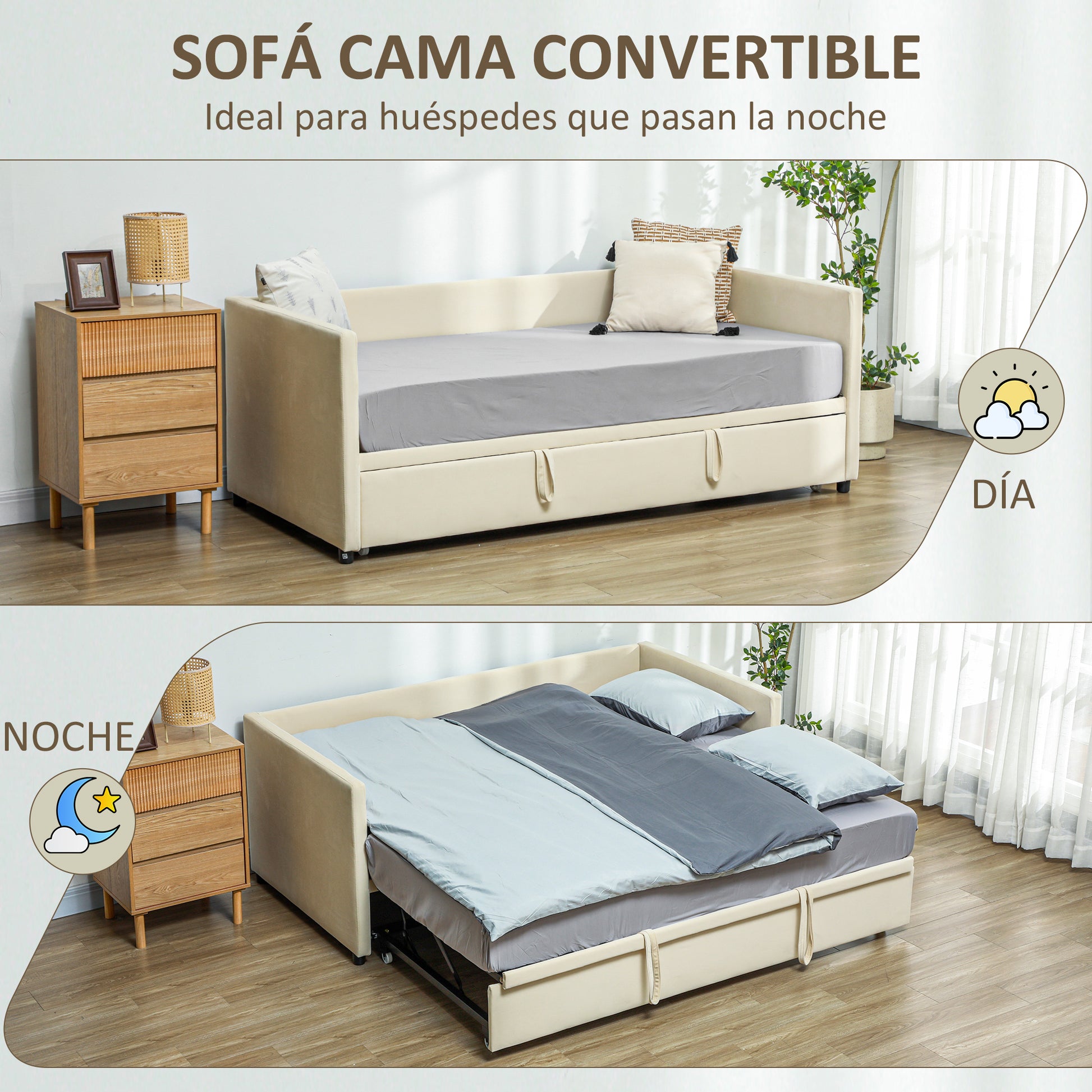2-in-1 Daybed with Metal Base, Soft Upholstery, and Removable Lower Bed with Wheels for 90x190 cm Mattresses Beige