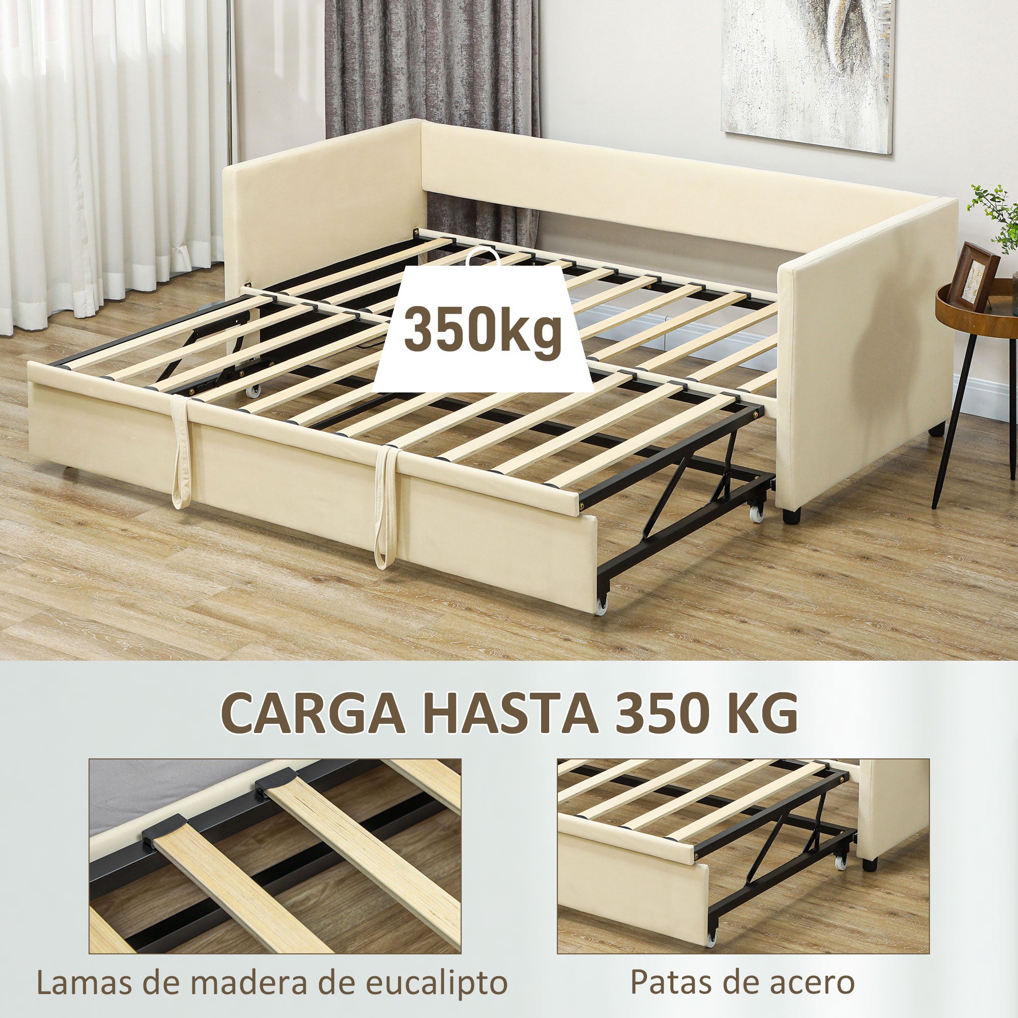 2-in-1 Daybed with Metal Base, Soft Upholstery, and Removable Lower Bed with Wheels for 90x190 cm Mattresses Beige