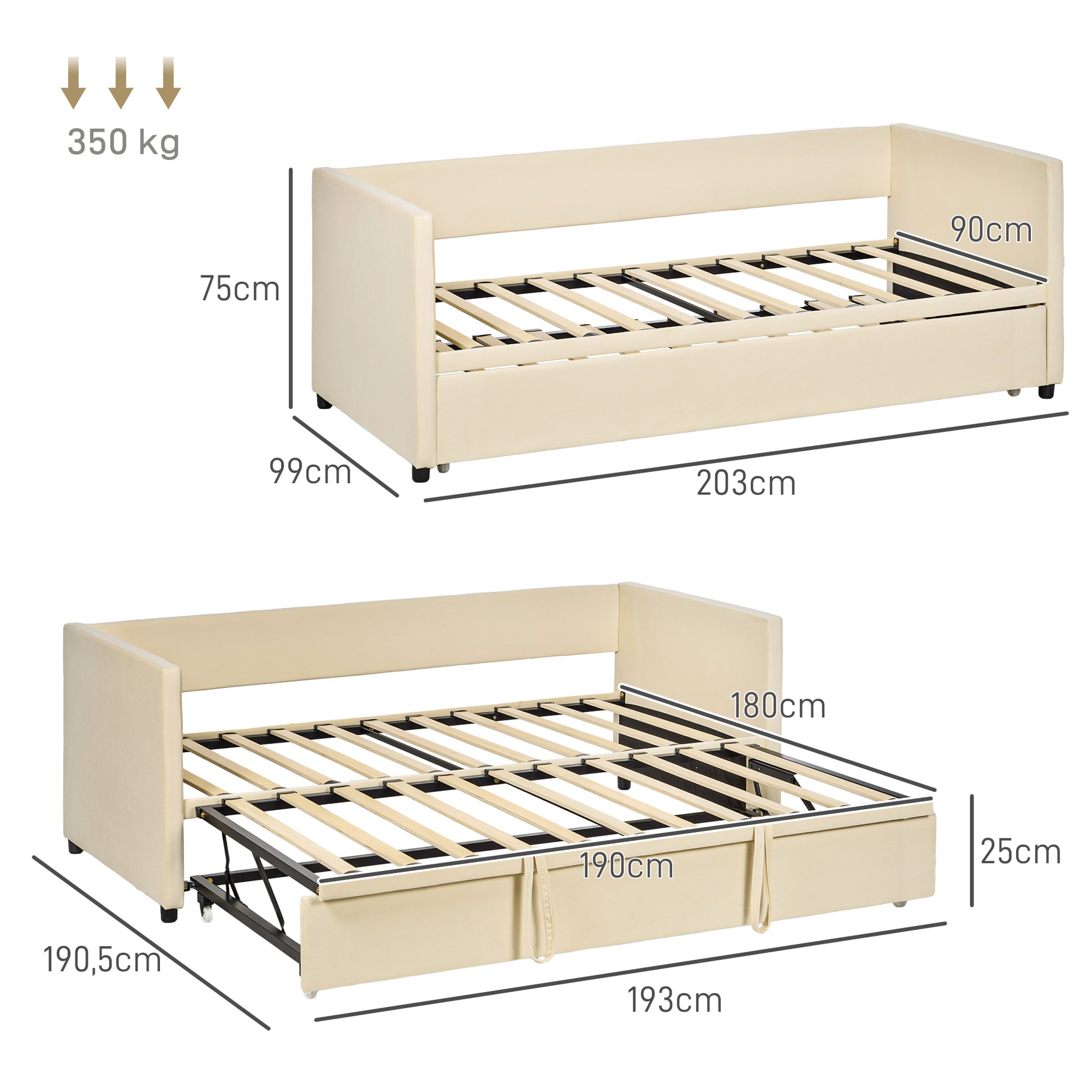2-in-1 Daybed with Metal Base, Soft Upholstery, and Removable Lower Bed with Wheels for 90x190 cm Mattresses Beige
