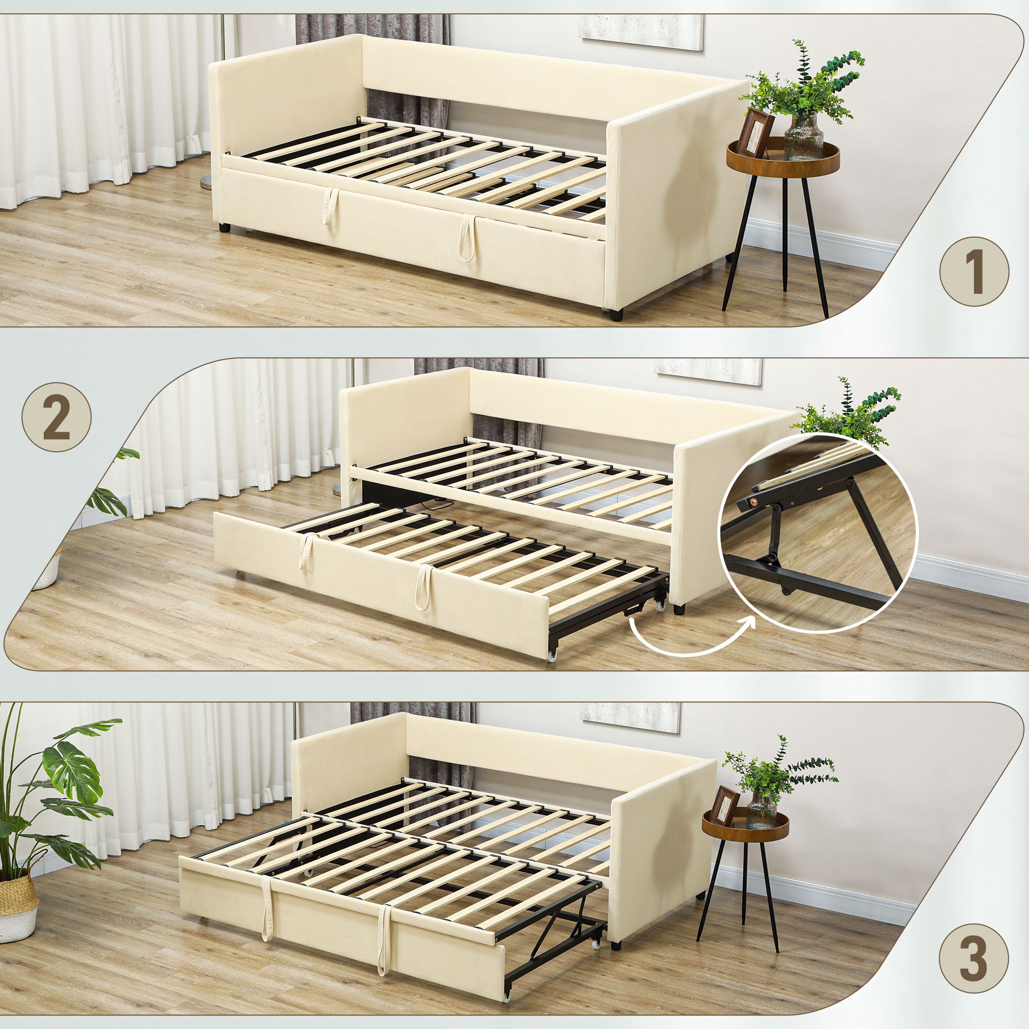2-in-1 Daybed with Metal Base, Soft Upholstery, and Removable Lower Bed with Wheels for 90x190 cm Mattresses Beige