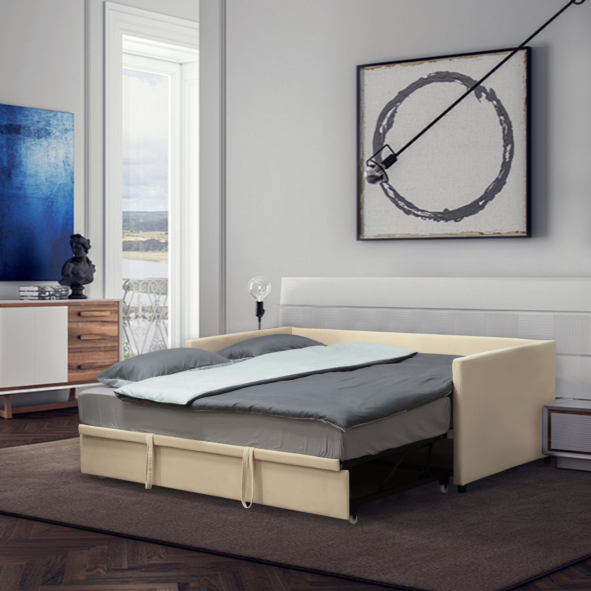 2-in-1 Daybed with Metal Base, Soft Upholstery, and Removable Lower Bed with Wheels for 90x190 cm Mattresses Beige