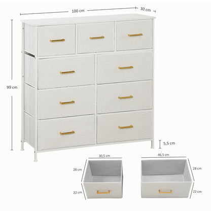 Chest of Drawers Sideboard with 9 Fabric Drawers, Drawer Cabinet with Worktop, Handle, Storage Cabinet for Living Room, Bedroom, Cream White