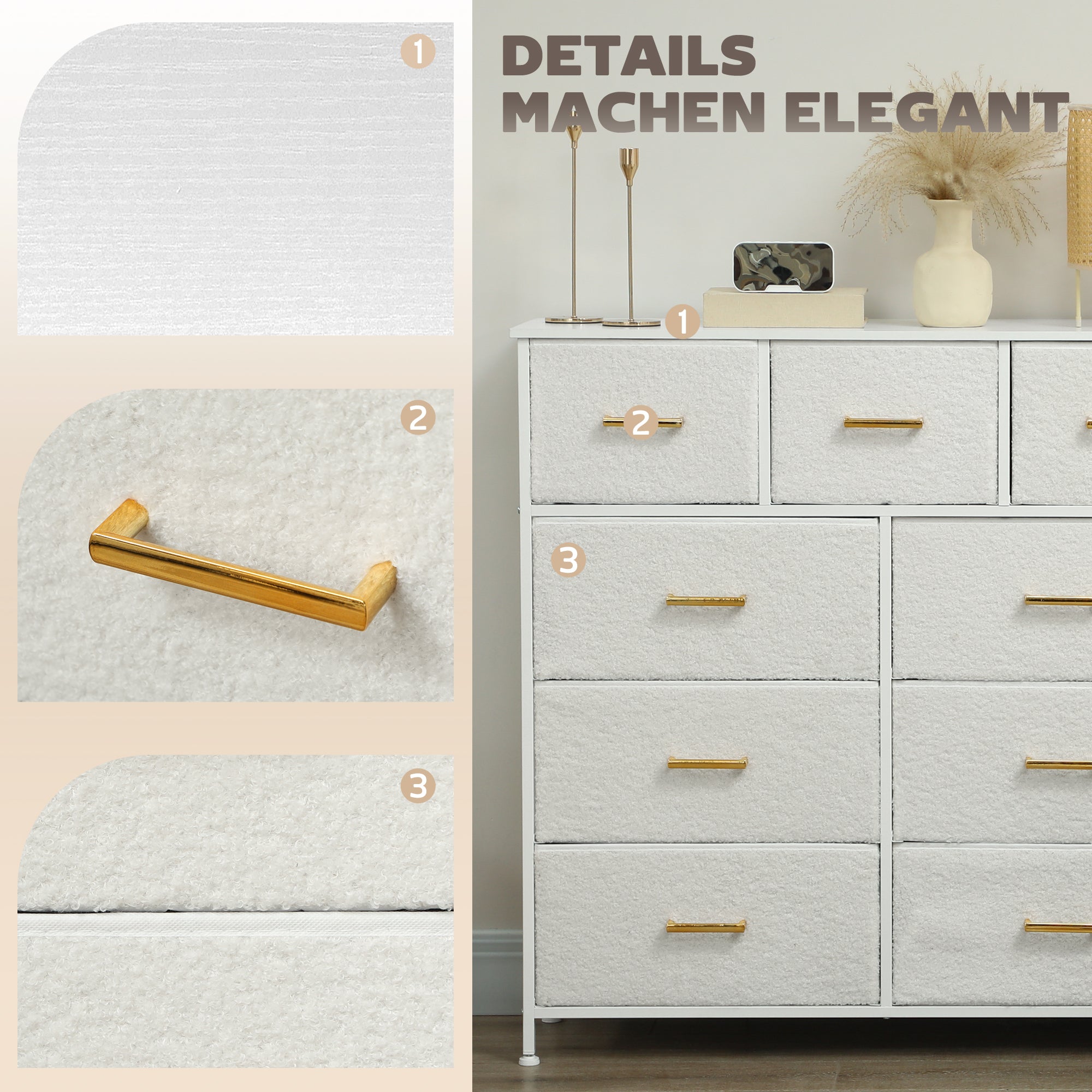Chest of Drawers Sideboard with 9 Fabric Drawers, Drawer Cabinet with Worktop, Handle, Storage Cabinet for Living Room, Bedroom, Cream White