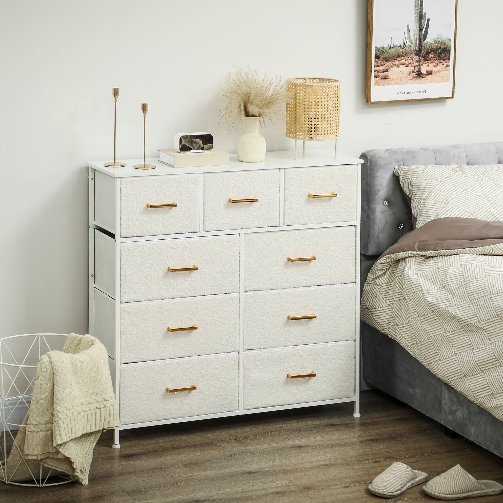 Chest of Drawers Sideboard with 9 Fabric Drawers, Drawer Cabinet with Worktop, Handle, Storage Cabinet for Living Room, Bedroom, Cream White