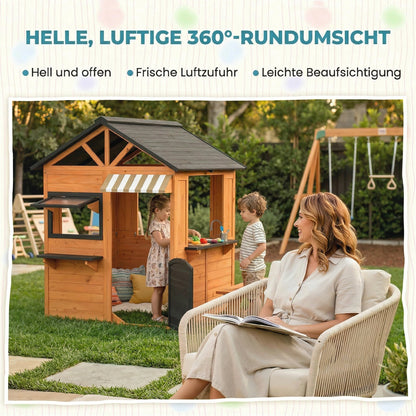 Wooden Kids' Playhouse Outdoor with Play Kitchen, Bench, Serving Counter, Windows & Faucet — Brown, 67.5 in x 57.5 in x 61.4 in (171.5 x 146 x 156 cm)