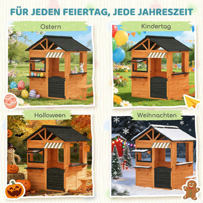 Wooden Kids' Playhouse Outdoor with Play Kitchen, Bench, Serving Counter, Windows & Faucet — Brown, 67.5 in x 57.5 in x 61.4 in (171.5 x 146 x 156 cm)