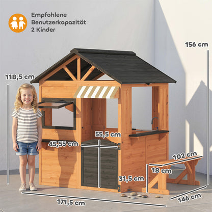 Wooden Kids' Playhouse Outdoor with Play Kitchen, Bench, Serving Counter, Windows & Faucet — Brown, 67.5 in x 57.5 in x 61.4 in (171.5 x 146 x 156 cm)