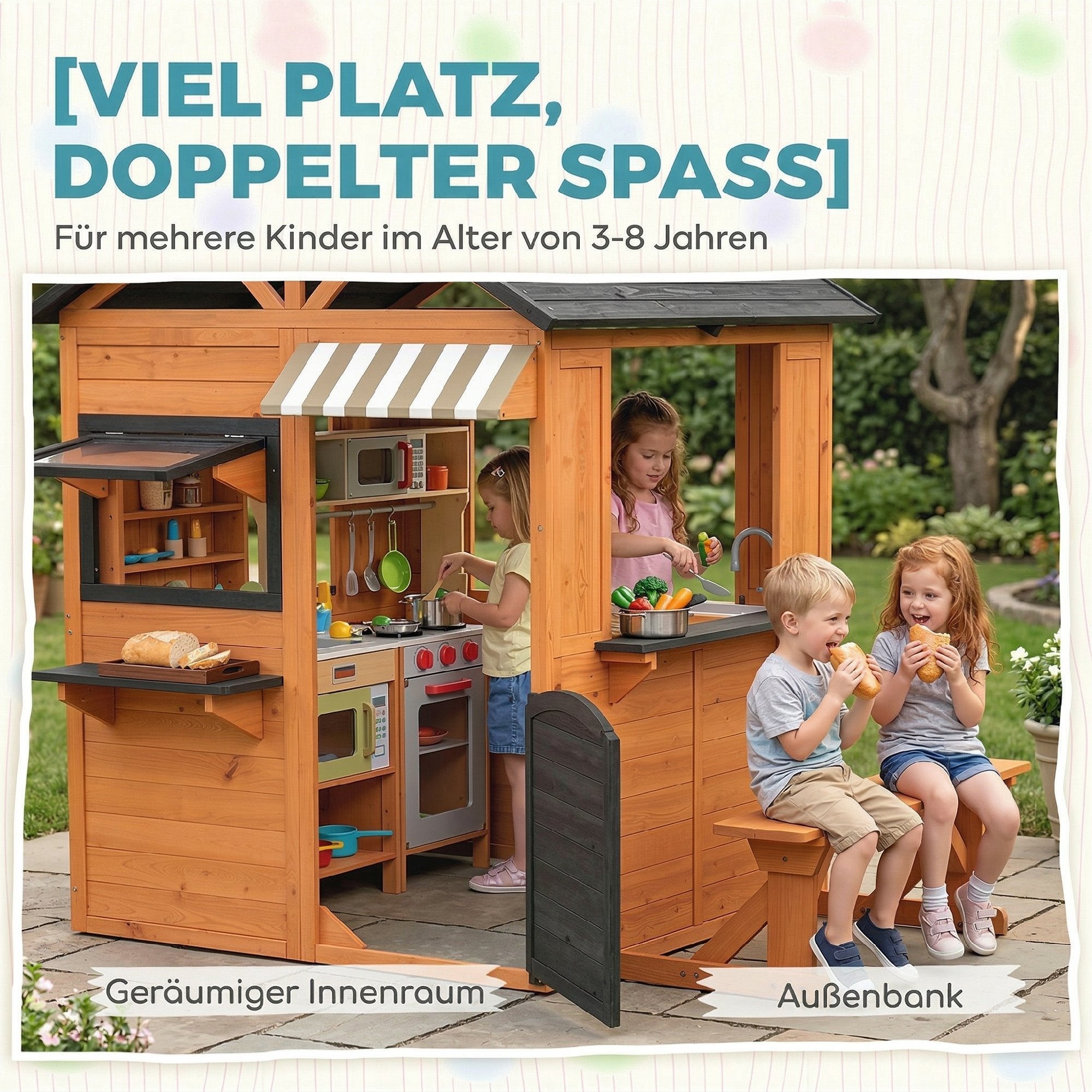 Wooden Kids' Playhouse Outdoor with Play Kitchen, Bench, Serving Counter, Windows & Faucet — Brown, 67.5 in x 57.5 in x 61.4 in (171.5 x 146 x 156 cm)