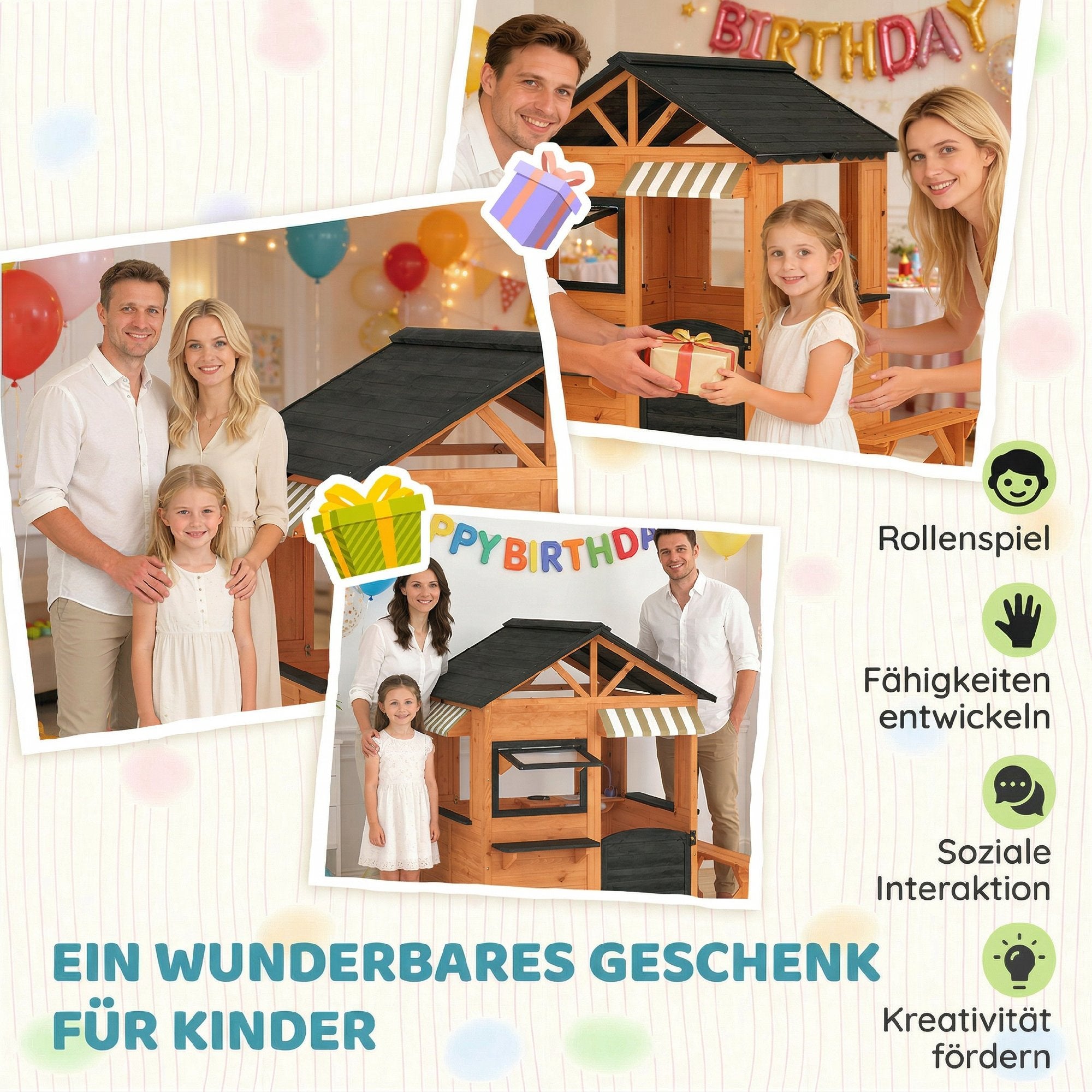 Wooden Kids' Playhouse Outdoor with Play Kitchen, Bench, Serving Counter, Windows & Faucet — Brown, 67.5 in x 57.5 in x 61.4 in (171.5 x 146 x 156 cm)
