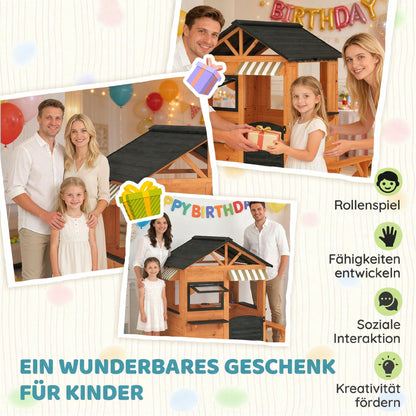Wooden Kids' Playhouse Outdoor with Play Kitchen, Bench, Serving Counter, Windows & Faucet — Brown, 67.5 in x 57.5 in x 61.4 in (171.5 x 146 x 156 cm)