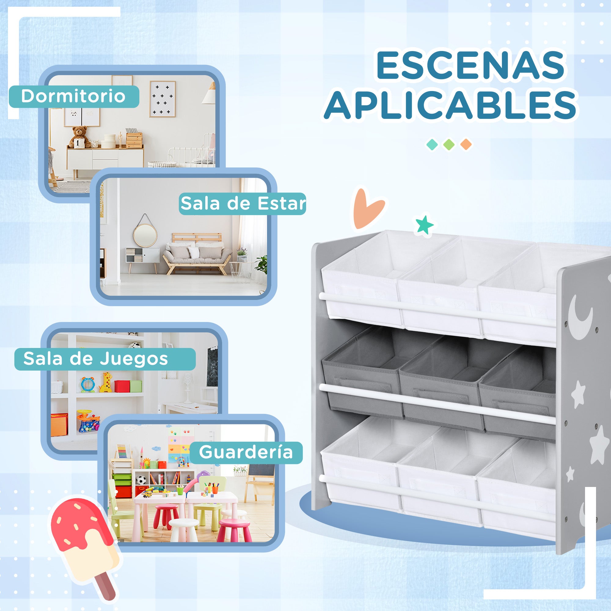 ZONEKIZ Children's Shelf with 9 Removable Non-woven Fabric Boxes Toy Organizer for Bedroom Nursery 63x30x60 cm Gray