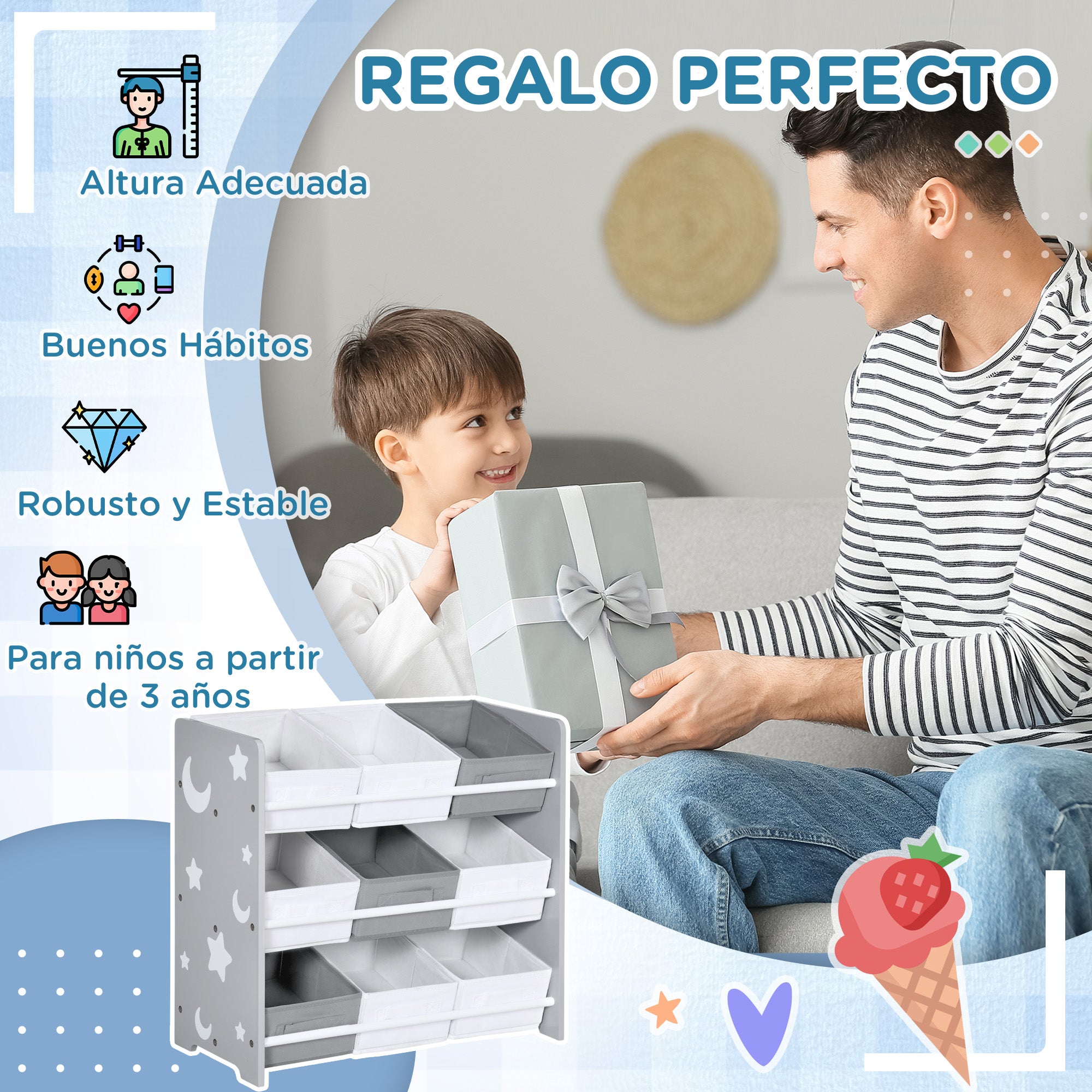 ZONEKIZ Children's Shelf with 9 Removable Non-woven Fabric Boxes Toy Organizer for Bedroom Nursery 63x30x60 cm Gray