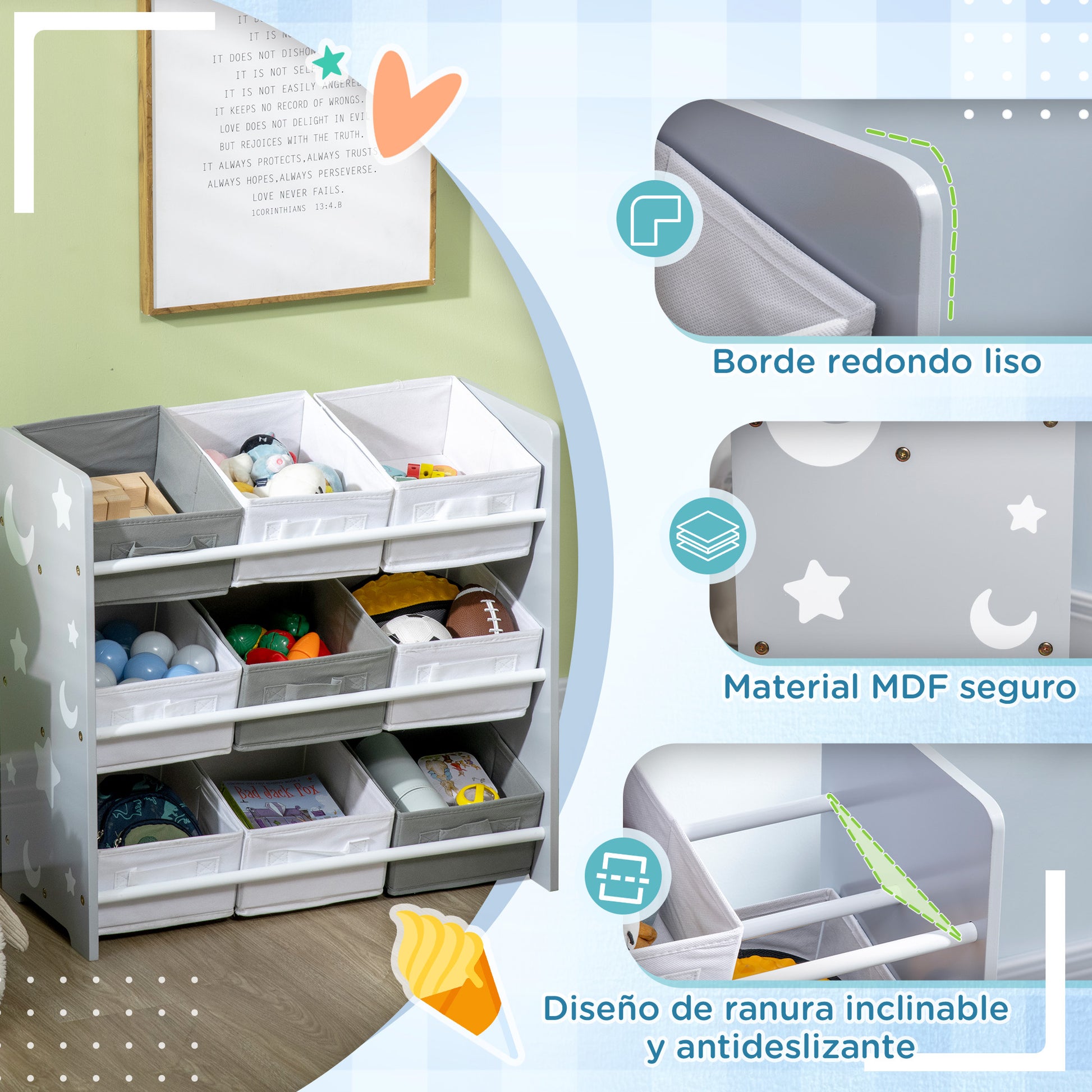 ZONEKIZ Children's Shelf with 9 Removable Non-woven Fabric Boxes Toy Organizer for Bedroom Nursery 63x30x60 cm Gray