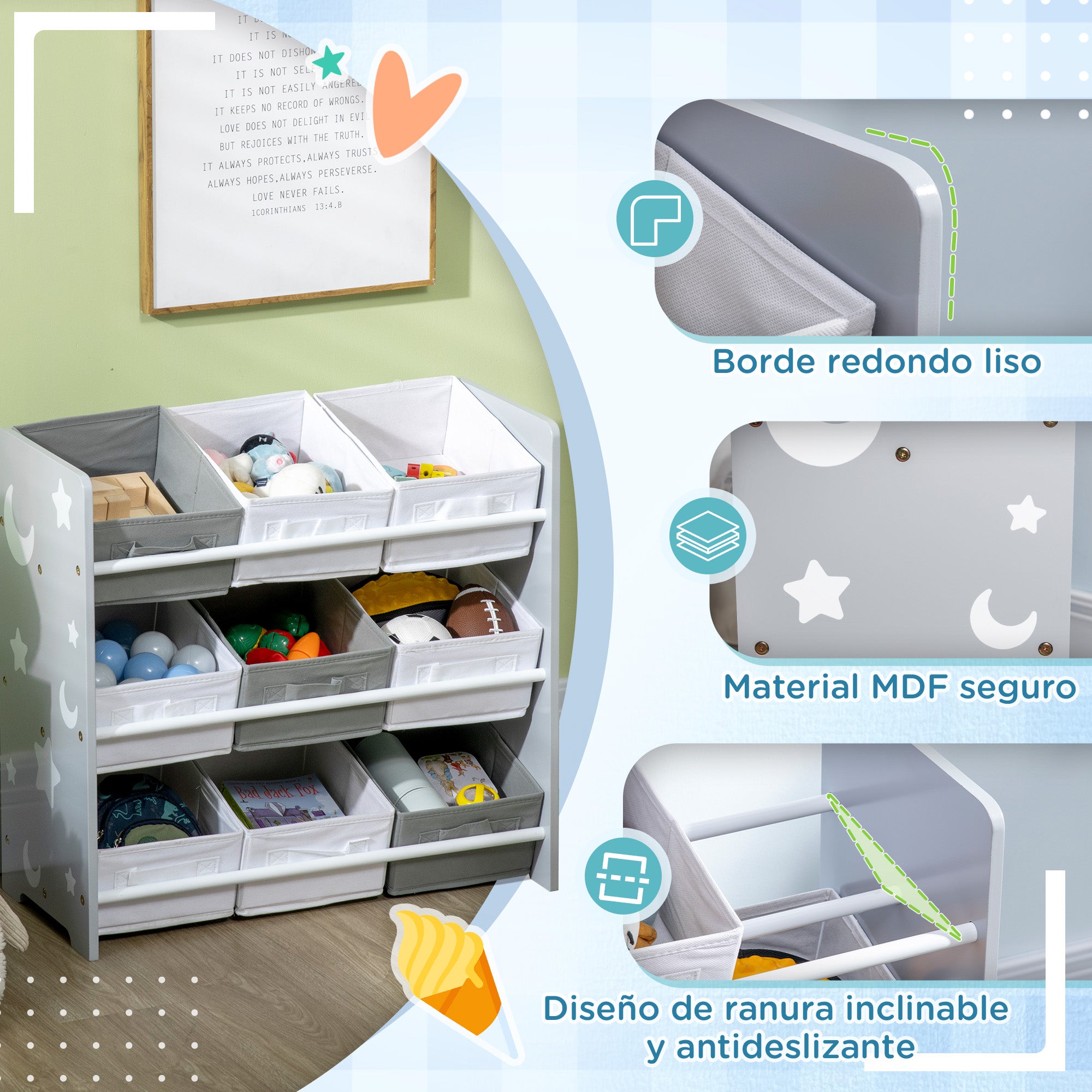 ZONEKIZ Children's Shelf with 9 Removable Non-woven Fabric Boxes Toy Organizer for Bedroom Nursery 63x30x60 cm Gray