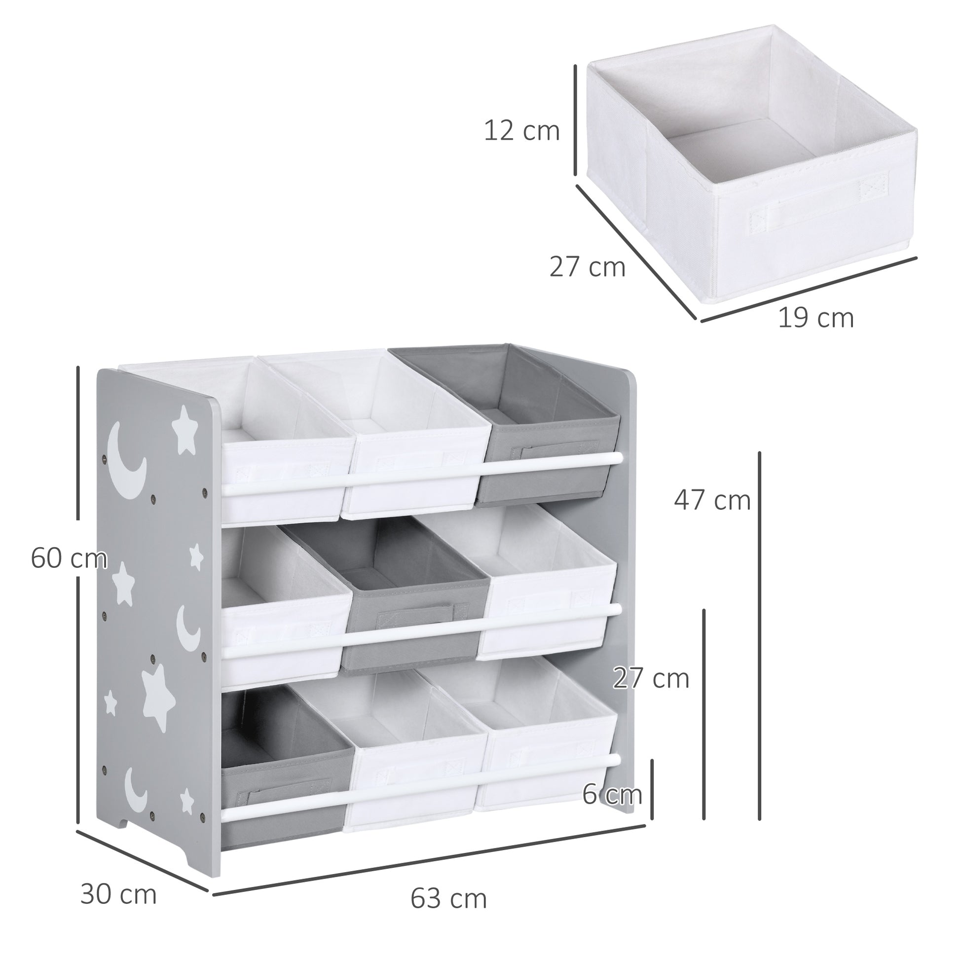 ZONEKIZ Children's Shelf with 9 Removable Non-woven Fabric Boxes Toy Organizer for Bedroom Nursery 63x30x60 cm Gray