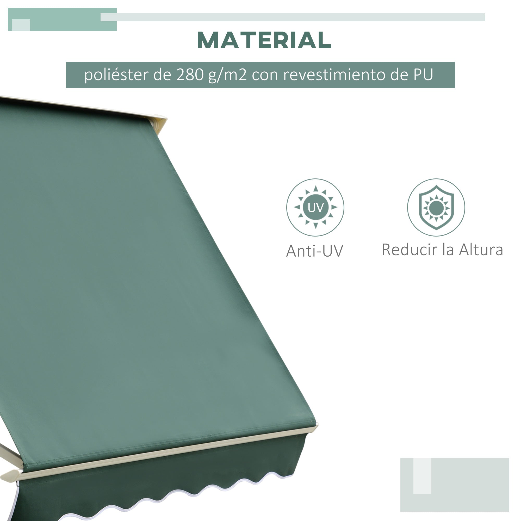 Manual Retractable Aluminum Awning Outdoor Awning Balcony Awning Adjustable Angle Waterproof Anti-UV Polyester Fabric 180x70cm Green