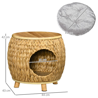 Rattan Cat Cave 2-in-1 Design Cat Basket with Cushion Cat Bed Cat Cabin Pet Bed Water Hyacinth Grass Paulownia Wood Light Brown+Gray 44 x 43 x 42 cm