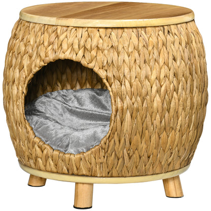 Rattan Cat Cave 2-in-1 Design Cat Basket with Cushion Cat Bed Cat Cabin Pet Bed Water Hyacinth Grass Paulownia Wood Light Brown+Gray 44 x 43 x 42 cm
