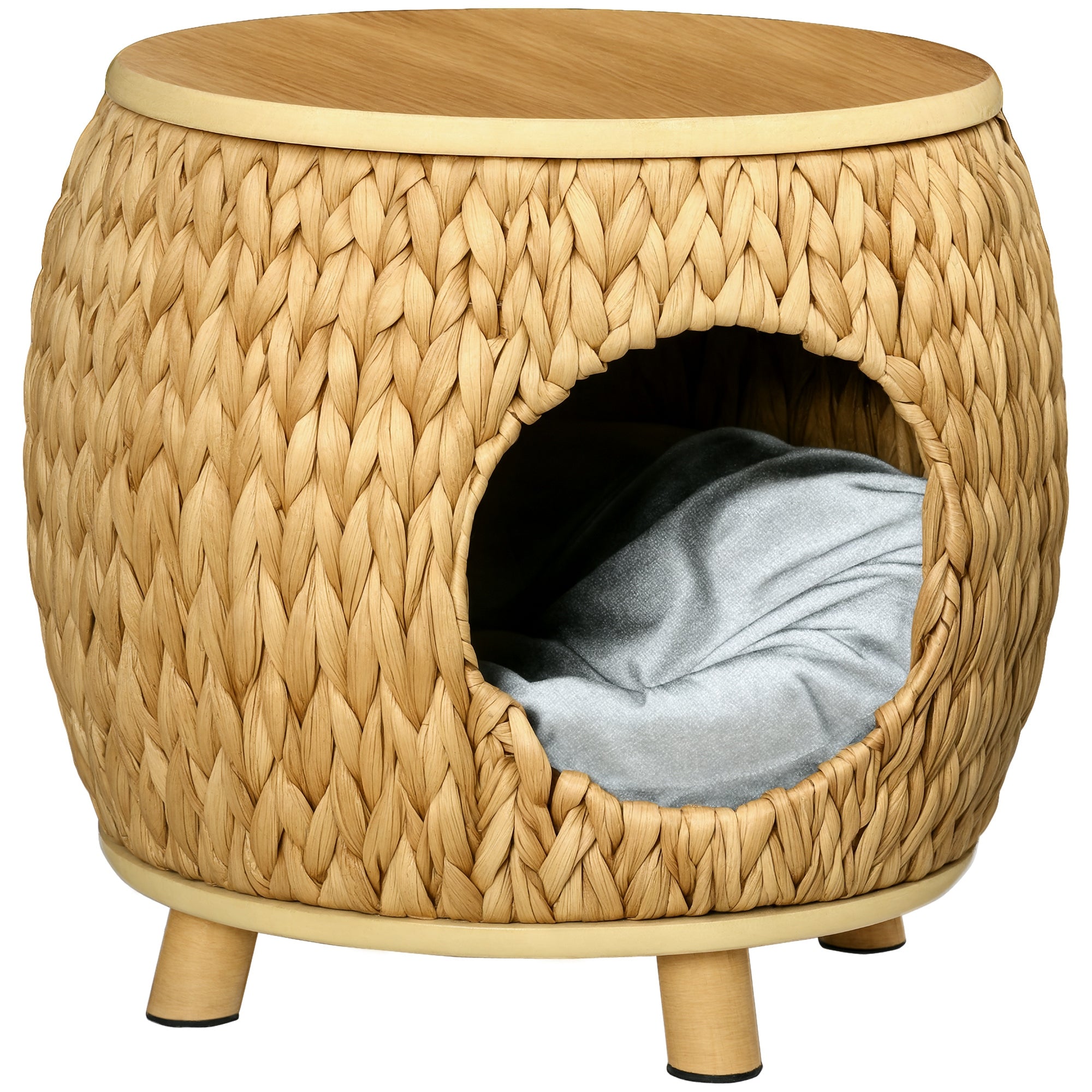 Rattan Cat Cave 2-in-1 Design Cat Basket with Cushion Cat Bed Cat Cabin Pet Bed Water Hyacinth Grass Paulownia Wood Light Brown+Gray 44 x 43 x 42 cm