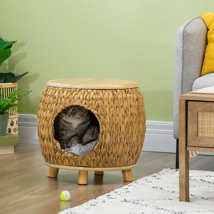 Rattan Cat Cave 2-in-1 Design Cat Basket with Cushion Cat Bed Cat Cabin Pet Bed Water Hyacinth Grass Paulownia Wood Light Brown+Gray 44 x 43 x 42 cm