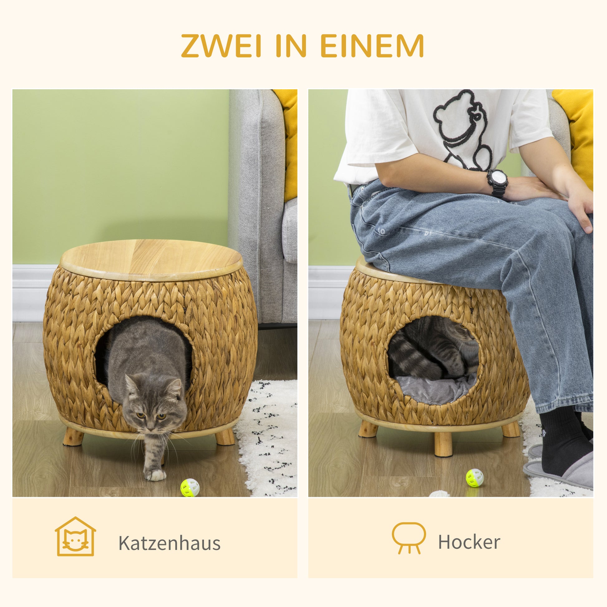 Rattan Cat Cave 2-in-1 Design Cat Basket with Cushion Cat Bed Cat Cabin Pet Bed Water Hyacinth Grass Paulownia Wood Light Brown+Gray 44 x 43 x 42 cm