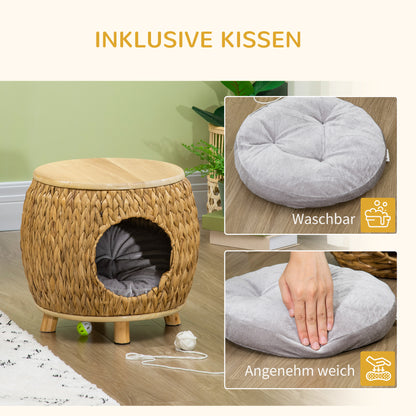 Rattan Cat Cave 2-in-1 Design Cat Basket with Cushion Cat Bed Cat Cabin Pet Bed Water Hyacinth Grass Paulownia Wood Light Brown+Gray 44 x 43 x 42 cm
