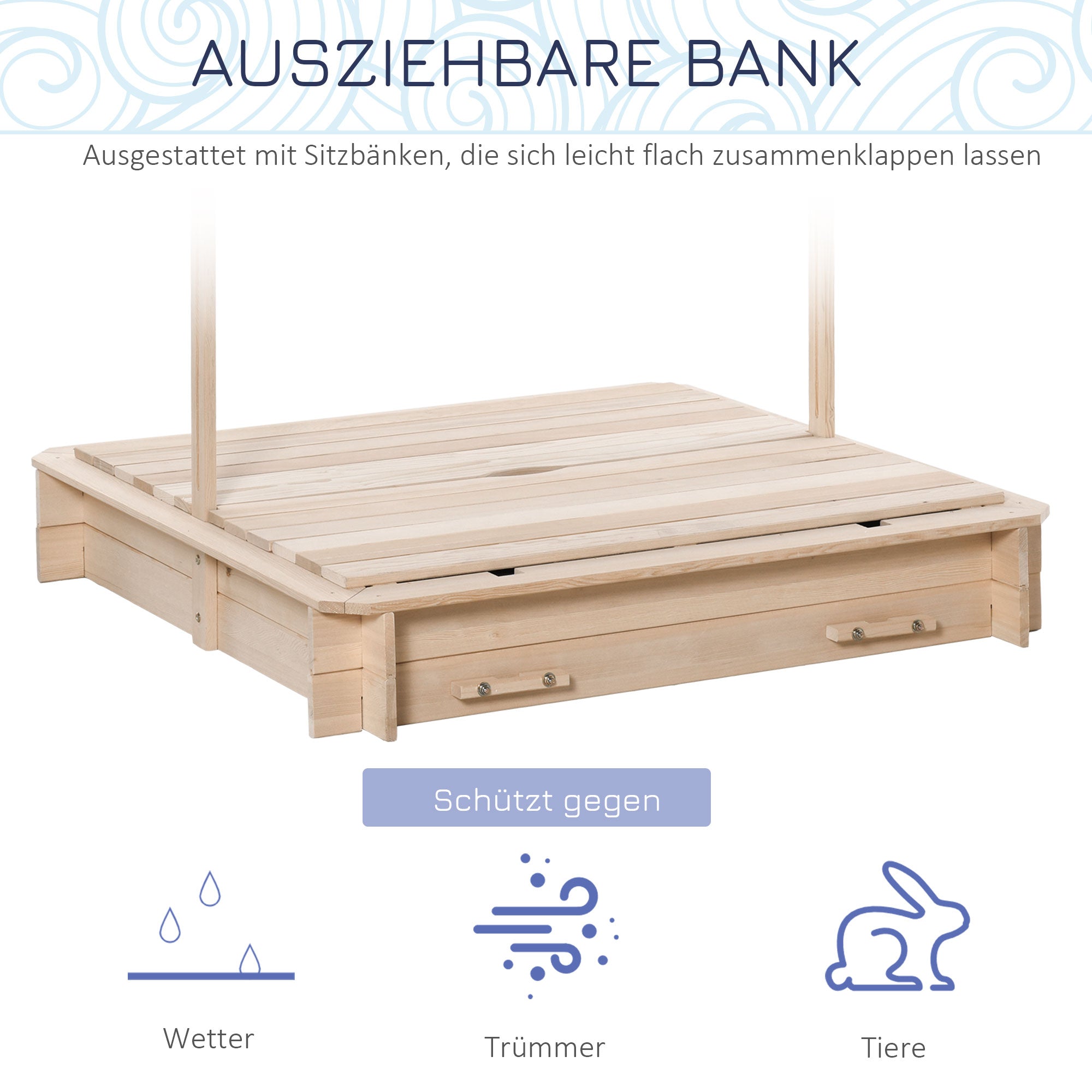 Wooden Sandbox Sandpit for Garden Sandbox with Roof Felix Children's Sandbox with Removable Roof Adjustable Backrests Fir Wood 3-7 Years 106 x 106 x 115 cm Natural