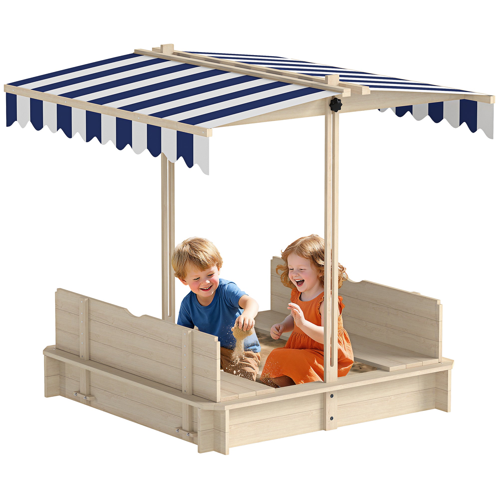Wooden Sandbox Sandpit for Garden Sandbox with Roof Felix Children's Sandbox with Removable Roof Adjustable Backrests Fir Wood 3-7 Years 106 x 106 x 115 cm Natural