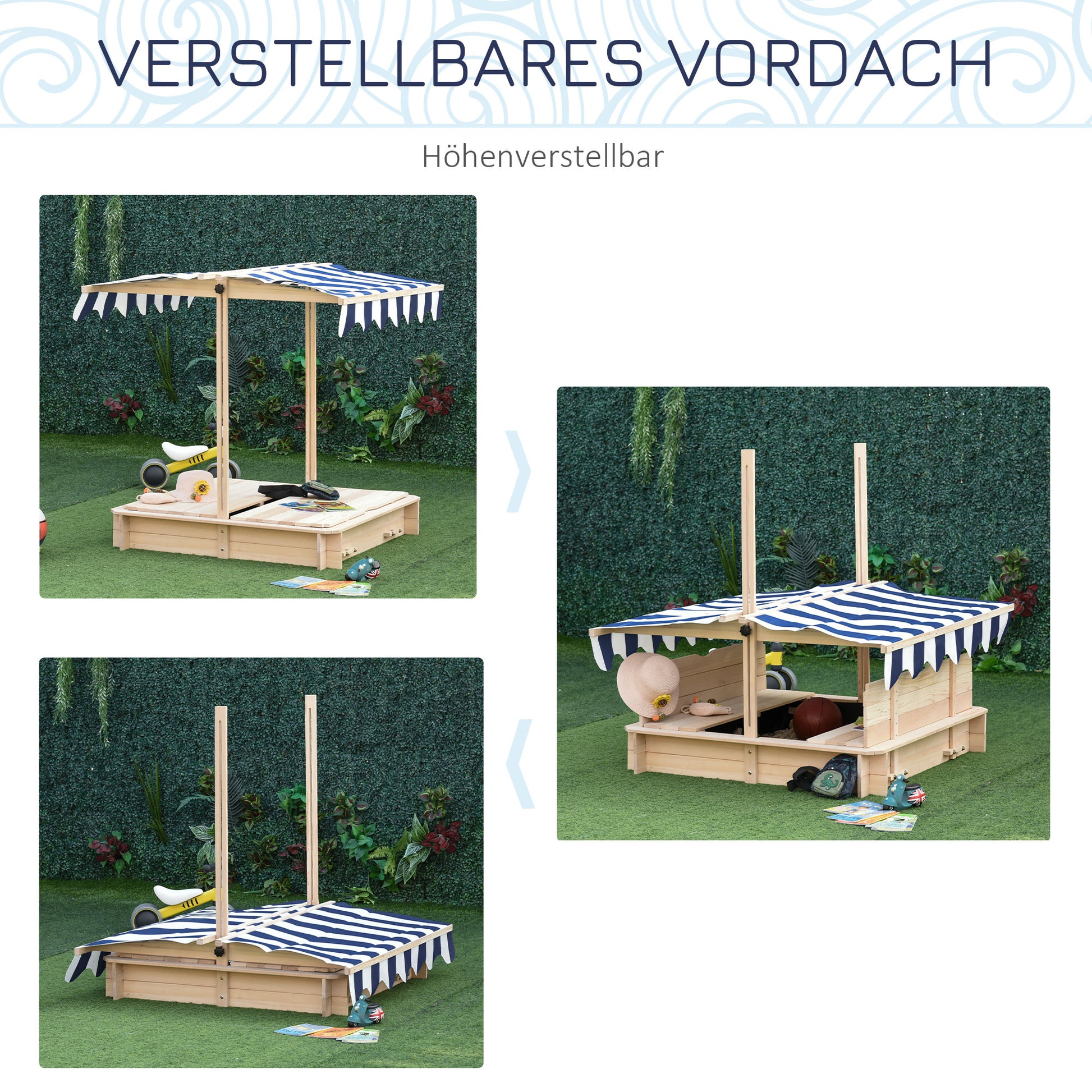 Wooden Sandbox Sandpit for Garden Sandbox with Roof Felix Children's Sandbox with Removable Roof Adjustable Backrests Fir Wood 3-7 Years 106 x 106 x 115 cm Natural