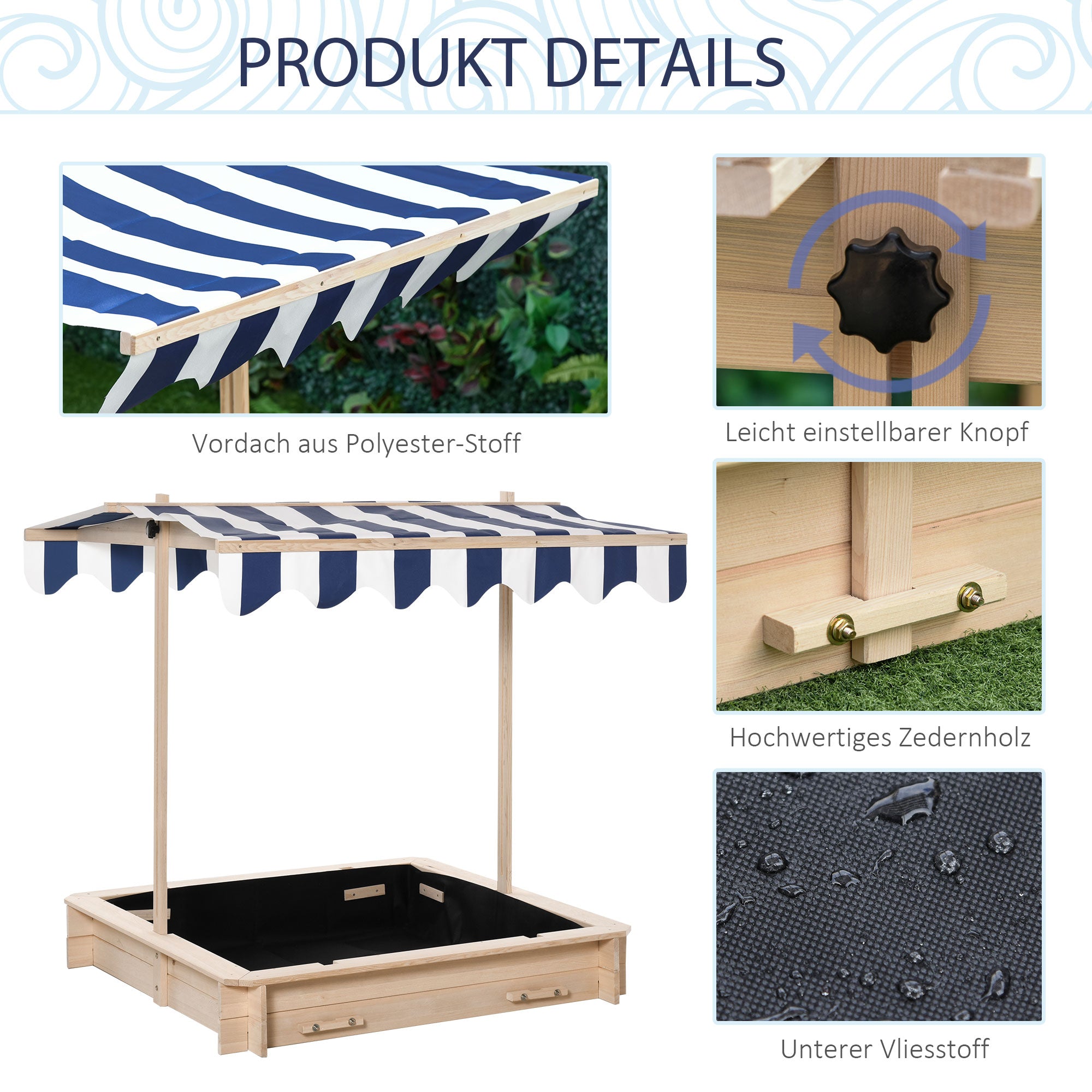 Wooden Sandbox Sandpit for Garden Sandbox with Roof Felix Children's Sandbox with Removable Roof Adjustable Backrests Fir Wood 3-7 Years 106 x 106 x 115 cm Natural