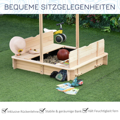 Wooden Sandbox Sandpit for Garden Sandbox with Roof Felix Children's Sandbox with Removable Roof Adjustable Backrests Fir Wood 3-7 Years 106 x 106 x 115 cm Natural