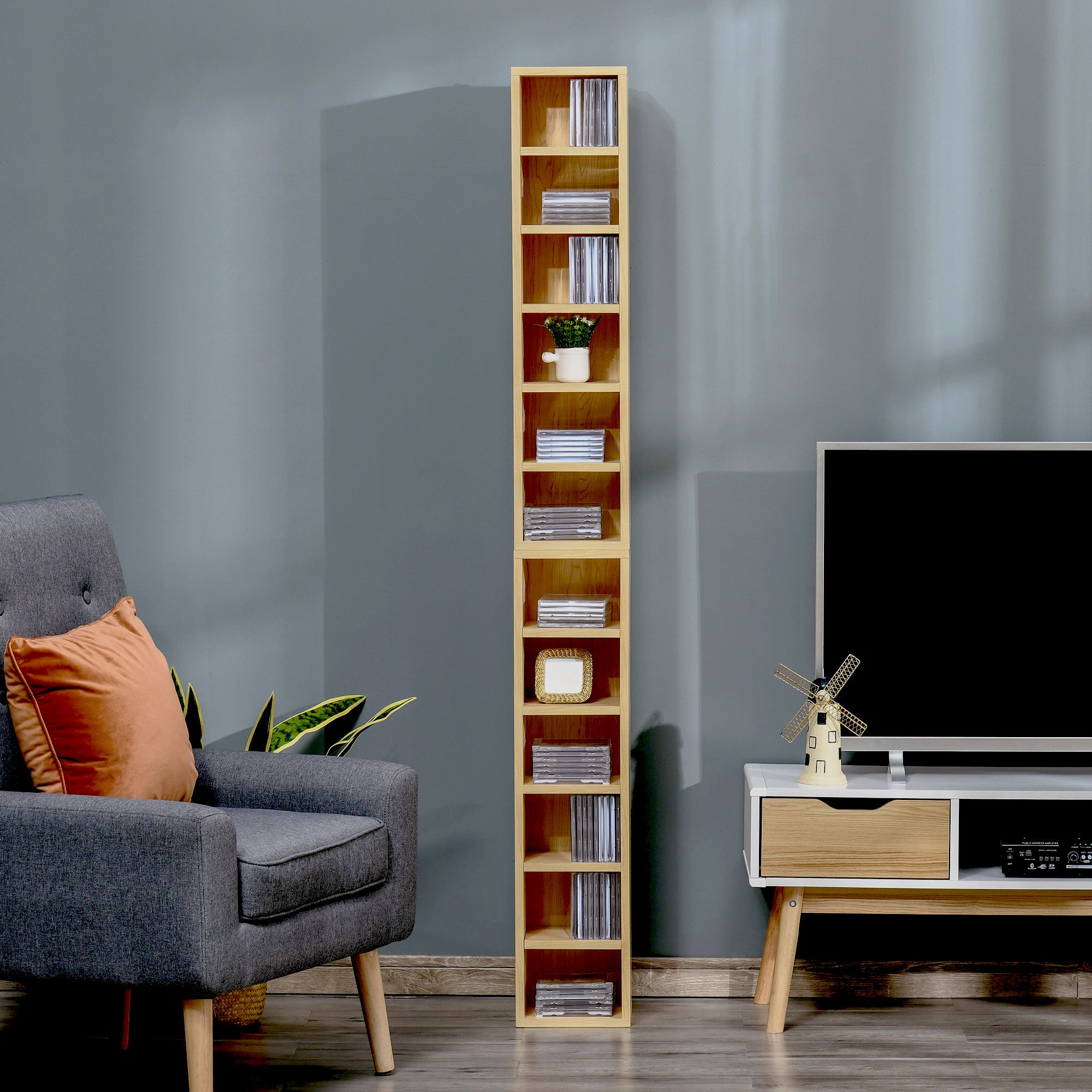 Set of 2 Column Shelves CD-DVD Storage Cabinet 6 + 6 Compartments, dim. 21L x 19W x 88H cm, Max Capacity 160 CDs, Beech Color