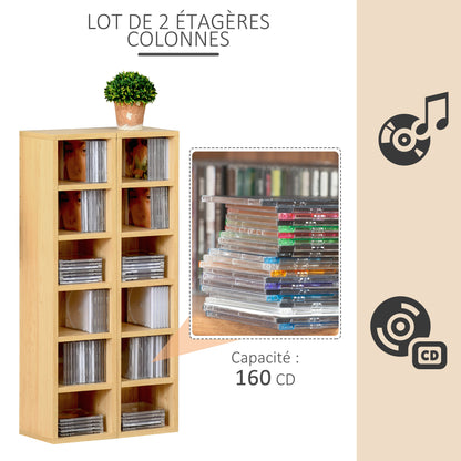 Set of 2 Column Shelves CD-DVD Storage Cabinet 6 + 6 Compartments, dim. 21L x 19W x 88H cm, Max Capacity 160 CDs, Beech Color