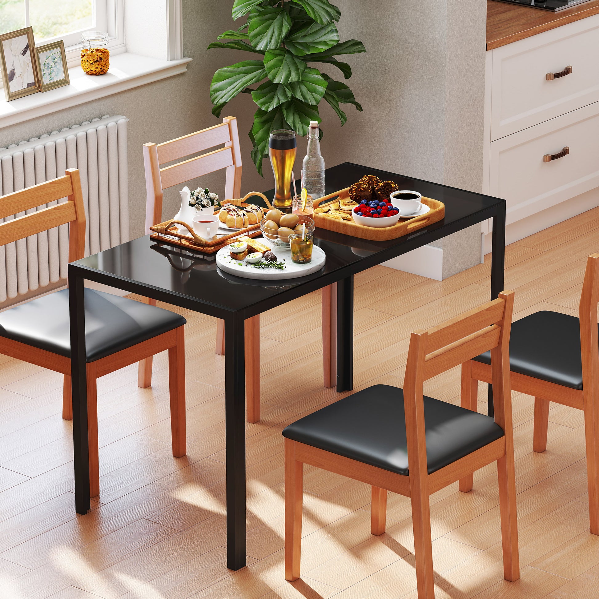 Dining Table Kitchen Table for 4 People, Dining Table, Living Room Table with Tempered Glass Top, for Kitchen, Dining Room, Metal, Black, 120 x 60 x 75 cm