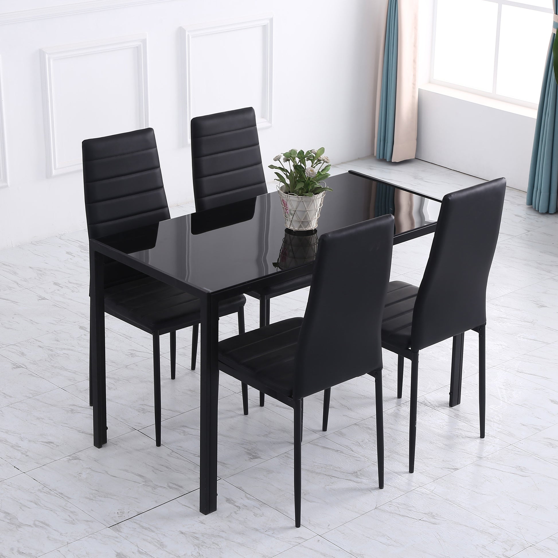 Dining Table Kitchen Table for 4 People, Dining Table, Living Room Table with Tempered Glass Top, for Kitchen, Dining Room, Metal, Black, 120 x 60 x 75 cm