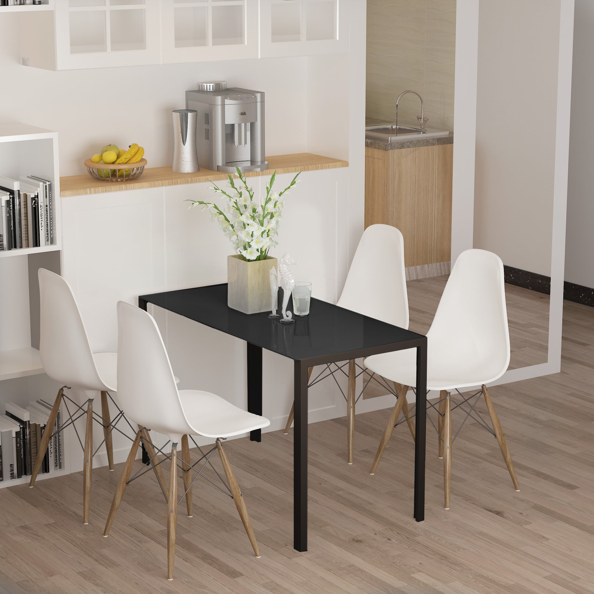 Dining Table Kitchen Table for 4 People, Dining Table, Living Room Table with Tempered Glass Top, for Kitchen, Dining Room, Metal, Black, 120 x 60 x 75 cm