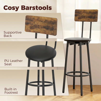 Bar Table with 2 Padded Bar Stools, Footrests, Metal Frame — Industrial Kitchen/Dining Set, Rustic Brown