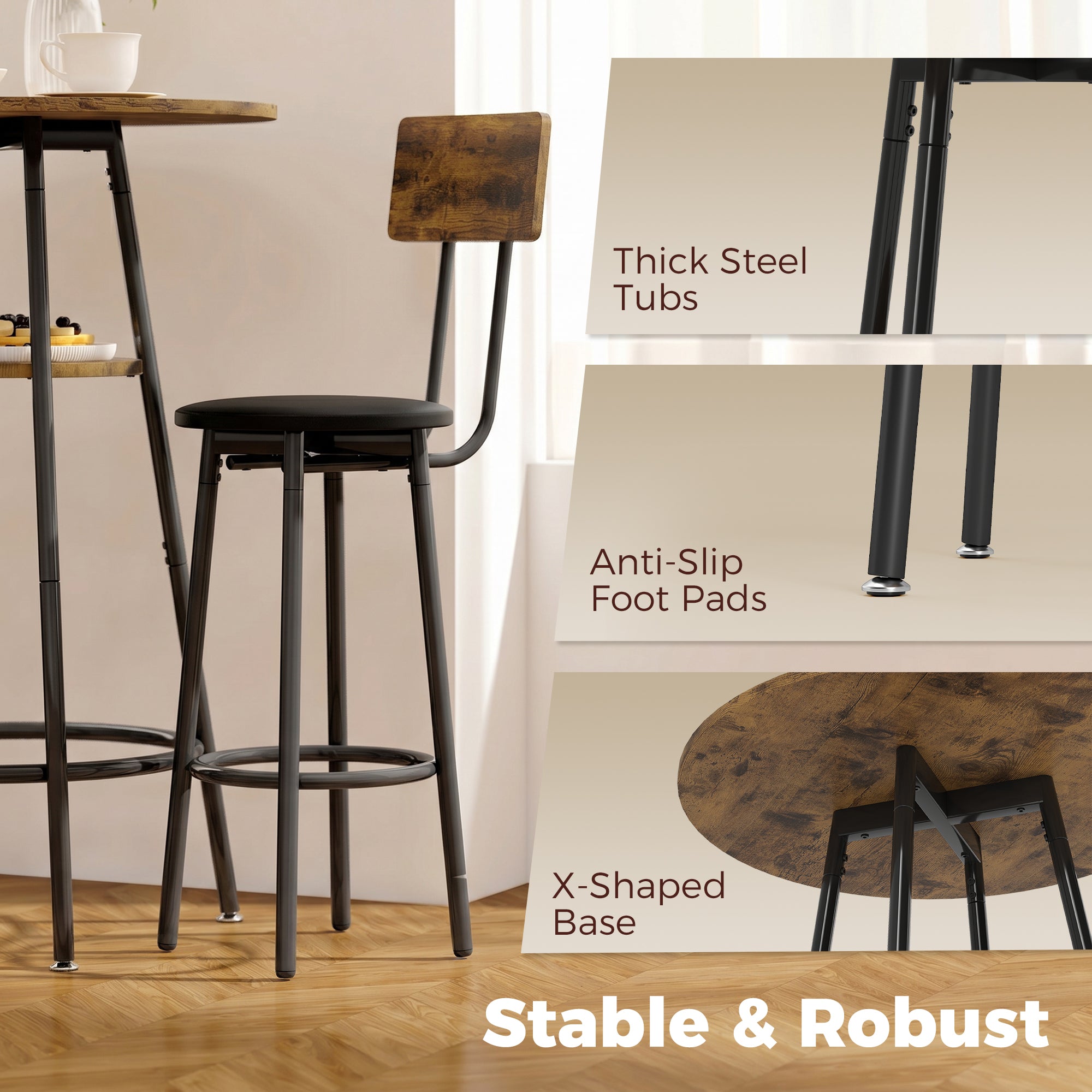 Bar Table with 2 Padded Bar Stools, Footrests, Metal Frame — Industrial Kitchen/Dining Set, Rustic Brown