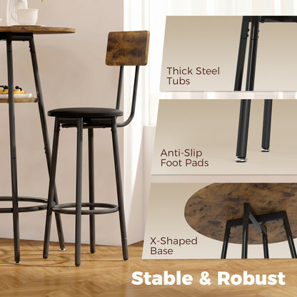 Bar Table with 2 Padded Bar Stools, Footrests, Metal Frame — Industrial Kitchen/Dining Set, Rustic Brown