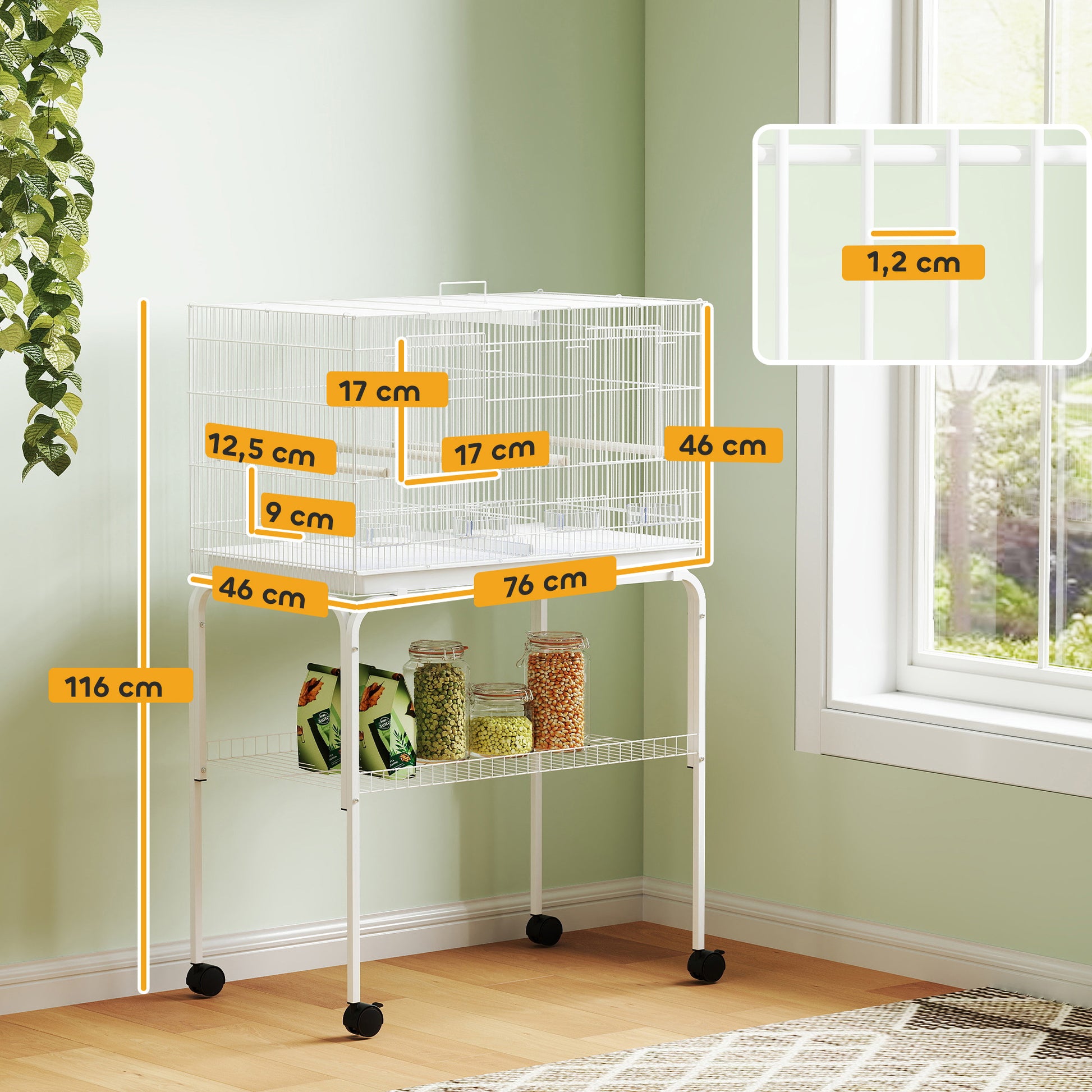 Bird Cage with Divider Birdcage with Wheels 4 Feeders 4 Perches and Removable Tray Cage for Parrots Canaries Budgies 76x46x116 cm White