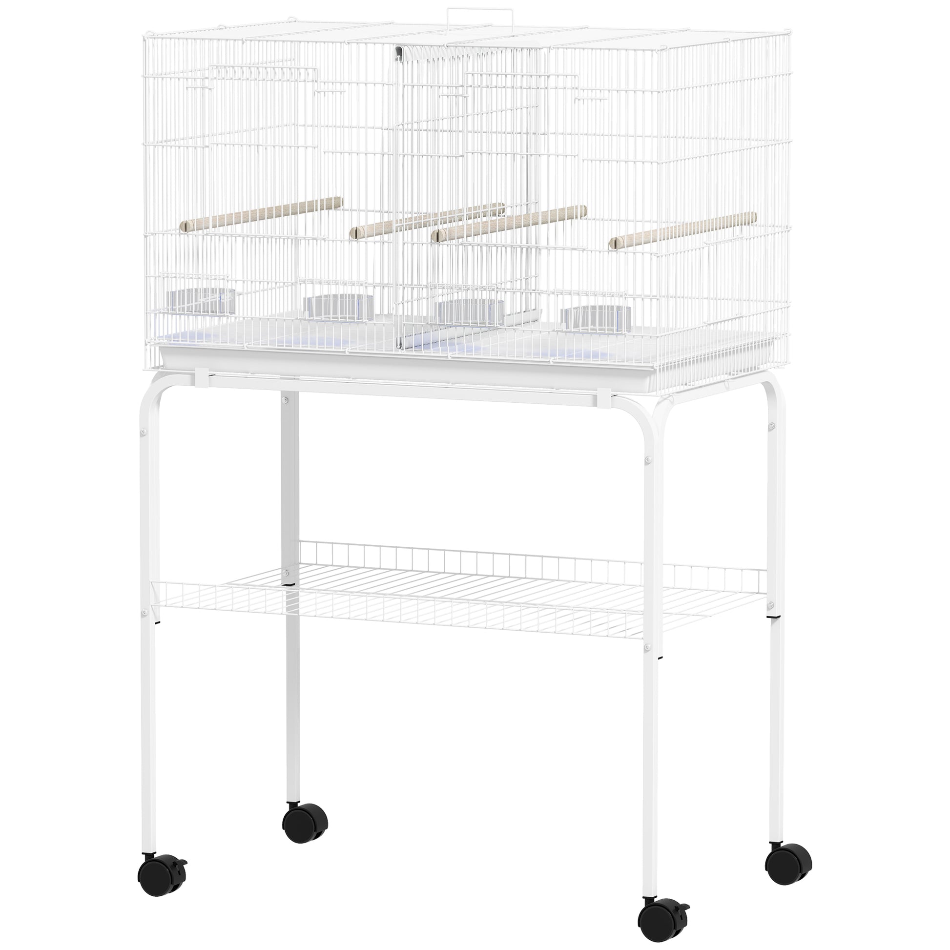 Bird Cage with Divider Birdcage with Wheels 4 Feeders 4 Perches and Removable Tray Cage for Parrots Canaries Budgies 76x46x116 cm White