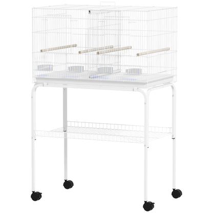 Bird Cage with Divider Birdcage with Wheels 4 Feeders 4 Perches and Removable Tray Cage for Parrots Canaries Budgies 76x46x116 cm White