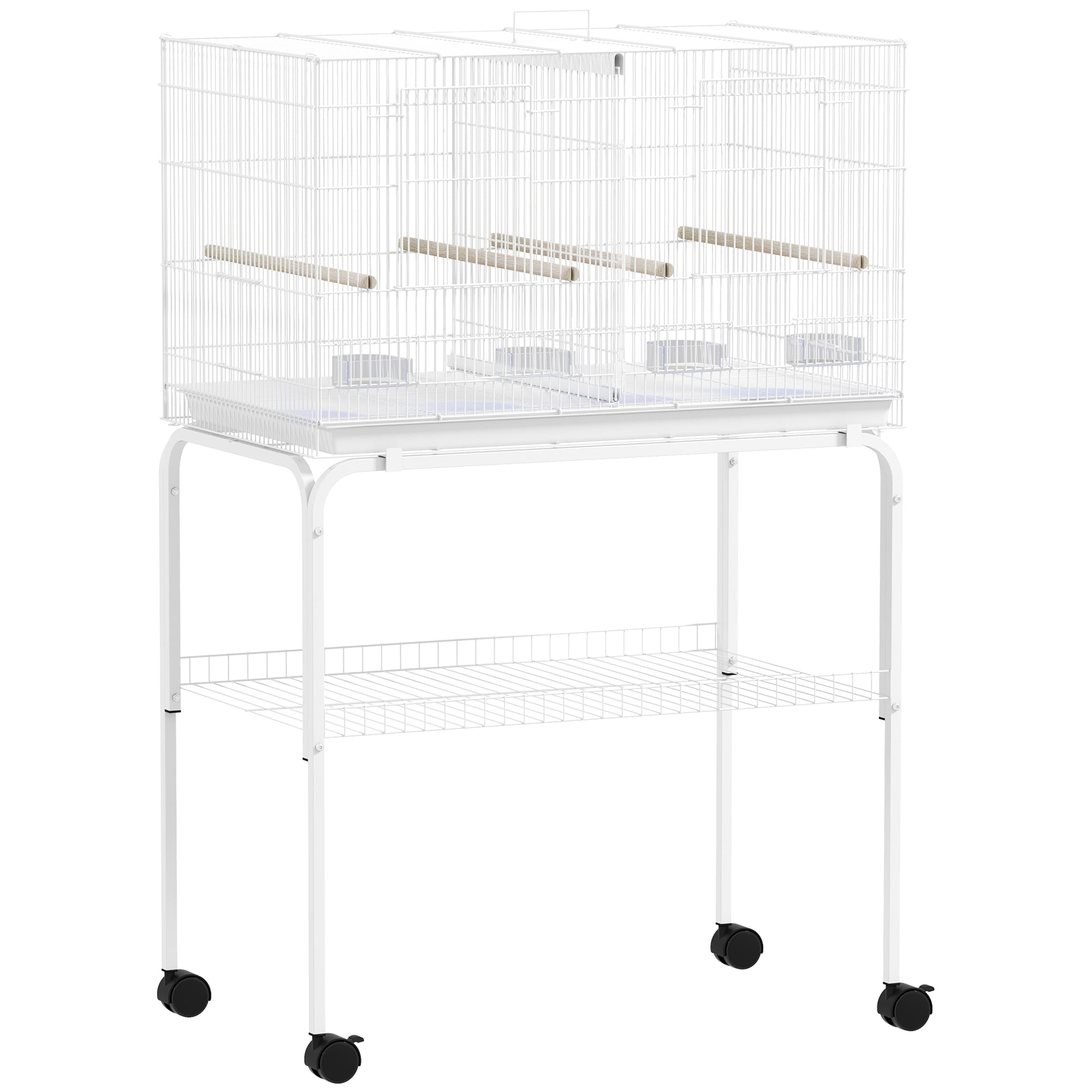 Bird Cage with Divider Birdcage with Wheels 4 Feeders 4 Perches and Removable Tray Cage for Parrots Canaries Budgies 76x46x116 cm White