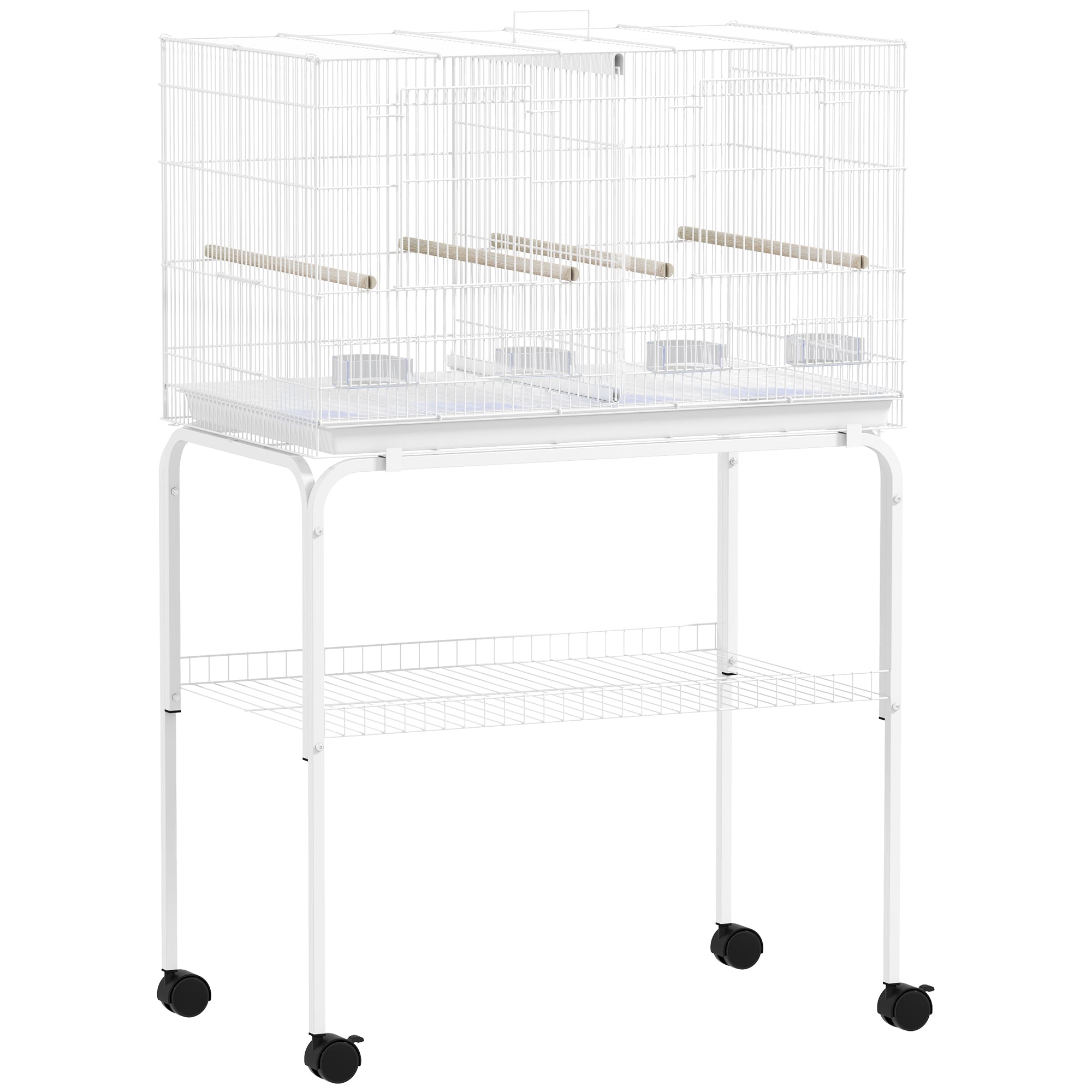 Bird Cage with Divider Birdcage with Wheels 4 Feeders 4 Perches and Removable Tray Cage for Parrots Canaries Budgies 76x46x116 cm White