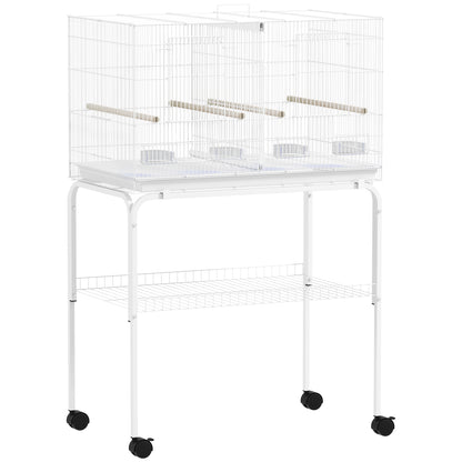 Bird Cage with Divider Birdcage with Wheels 4 Feeders 4 Perches and Removable Tray Cage for Parrots Canaries Budgies 76x46x116 cm White