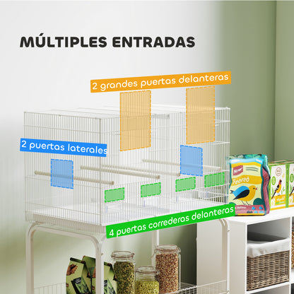 Bird Cage with Divider Birdcage with Wheels 4 Feeders 4 Perches and Removable Tray Cage for Parrots Canaries Budgies 76x46x116 cm White