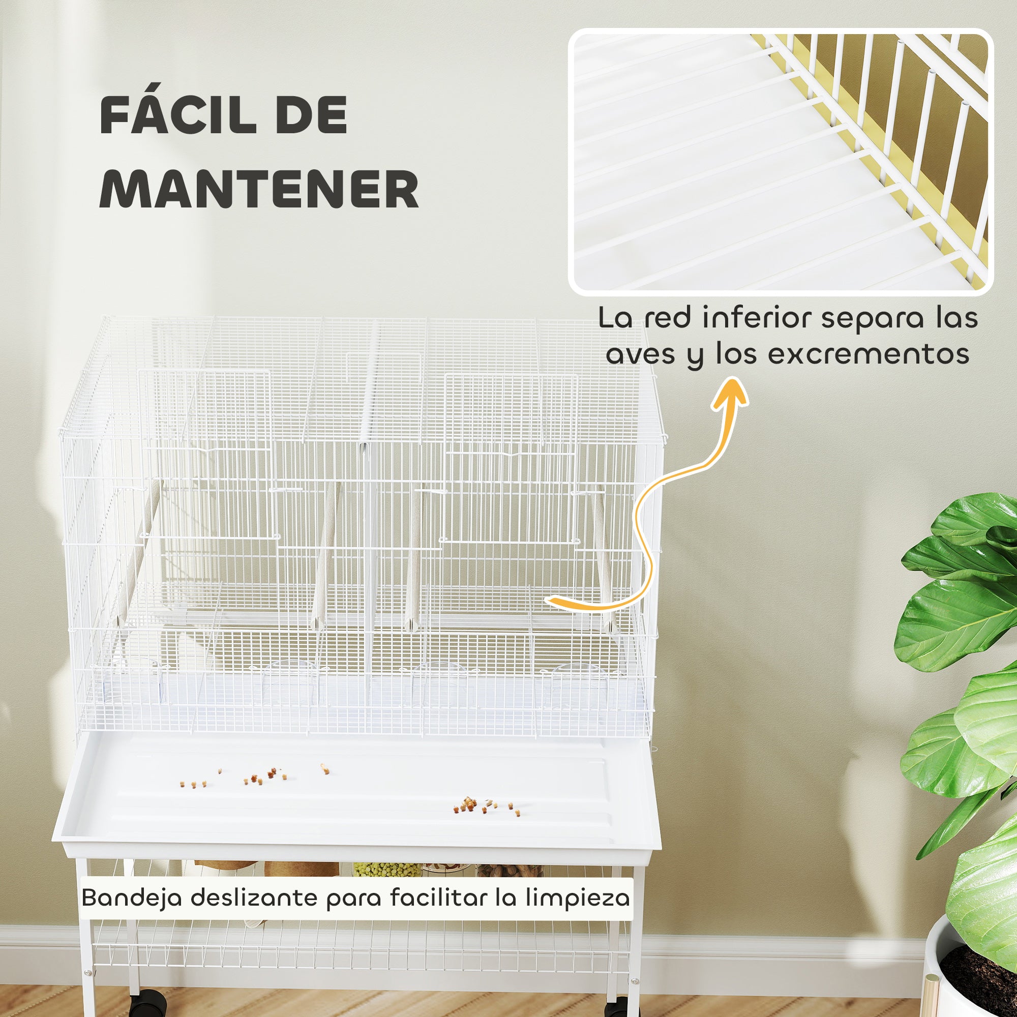 Bird Cage with Divider Birdcage with Wheels 4 Feeders 4 Perches and Removable Tray Cage for Parrots Canaries Budgies 76x46x116 cm White